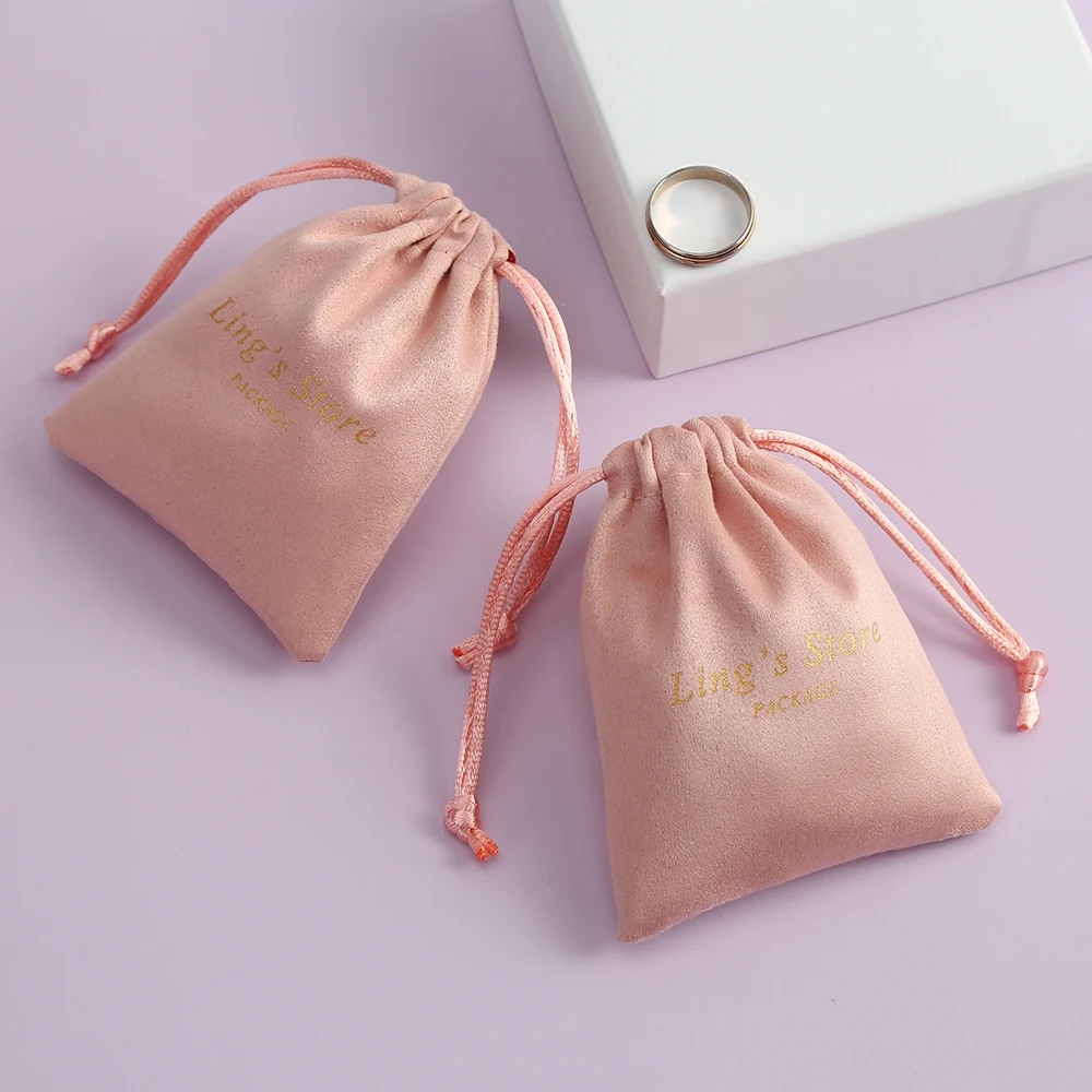 100Pcs Custom Logo Jewelry Flannel Drawstring Bag Suede Ring Bracelet Earring Wedding Candy Pouch Pink Velvet Sack Personalized