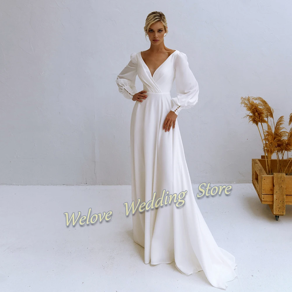 Abito da sposa semplice con spacco bianco per donna con maniche lunghe Slim scollo a V abito da sposa civile elegante Robe De Mariage 2021 nuovo