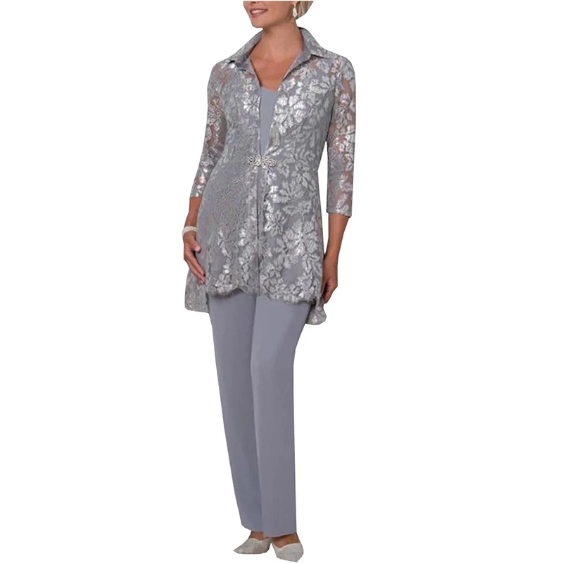 

Lace Mother of the Bride Dress Elegant Lapel Grey Chiffon 3 Pieces Pants Suit With Jacket Outfit 3/4 Sleeves For Wedding 2020