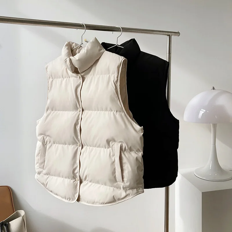 Colete feminino de gola alta, casaco quente, tops grandes, colete bege, colete feminino, inverno, 2024