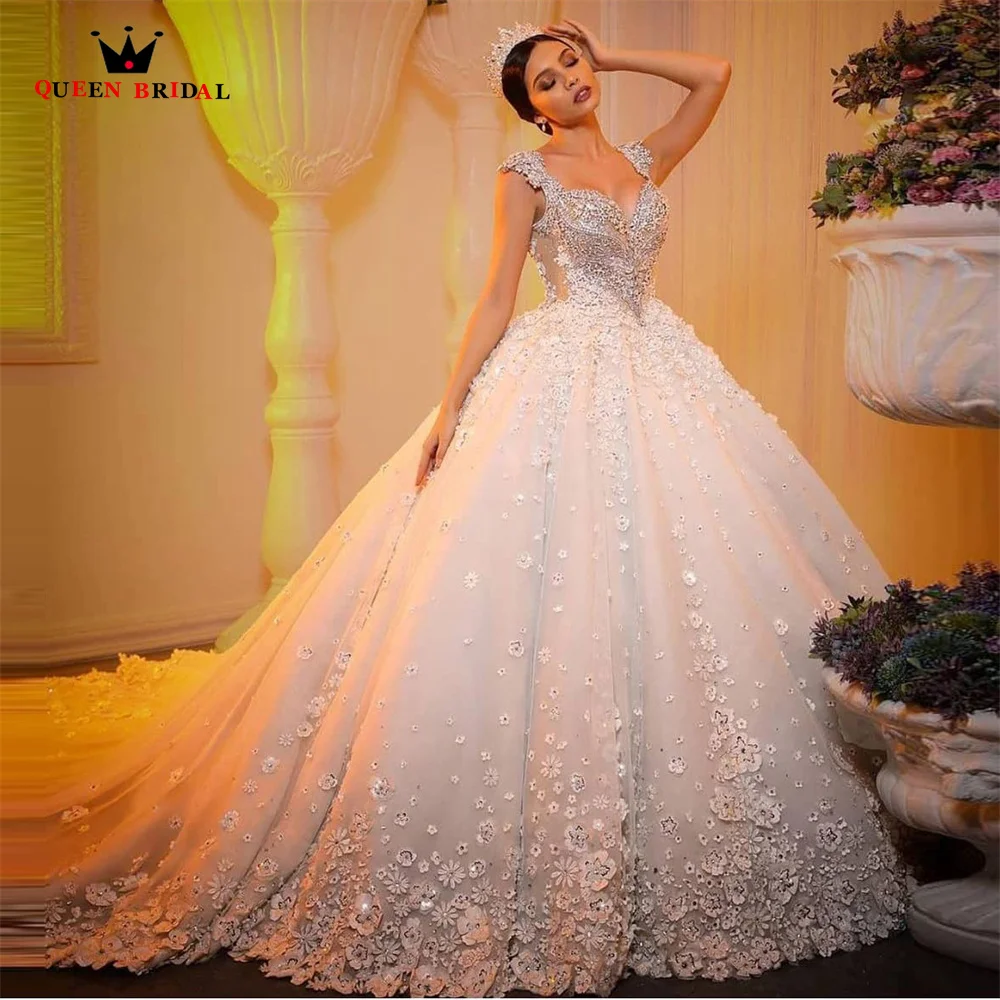 

Luxury Long Train Wedding Dresses Tulle Crystal Beaded Diamond Flowers Luxury Formal Bride Dress Custom Make JY52