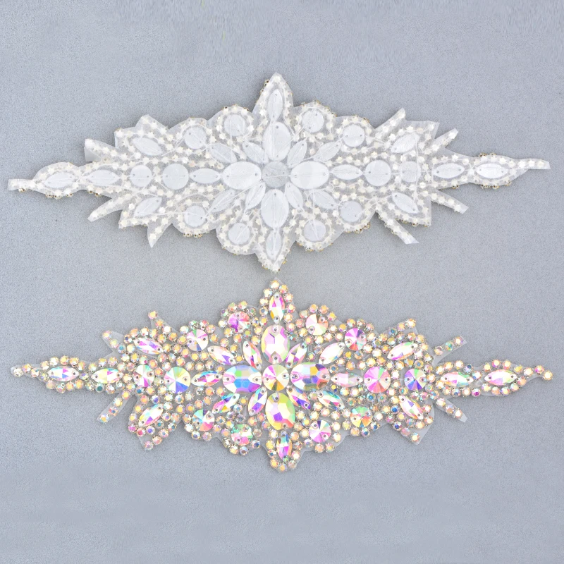 JUNAO 90*240 مللي متر 1 قطعة الخياطة كريستال AB زهرة حجر الراين زين بقع الإصلاح الحديد على كريستال ستراس الأحجار الكريمة الزخارف فستان الزفاف #4