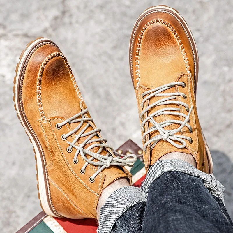 

Winter British Mens Autumn Lace Up Round Toe Ankle Boots High Quality Real Leather Cowhide Fashion Male Cargo Shoes Streetwear