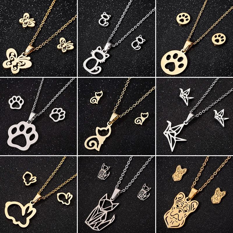 Bijoux Animal Stainless Steel Necklace Set Cartoon Cat Paw Rabbit Butterfly Dog Necklaces Pendants Statement Jewelry Wholesale