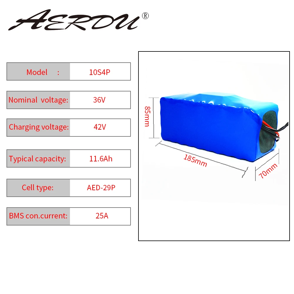 AERDU 36V 11.6Ah 12ah Lithium Battery Pack 18650 2900mAh 600W 500W 450W 350w 250W 37V Ebike Electric Car Bicycle Motor Scooter