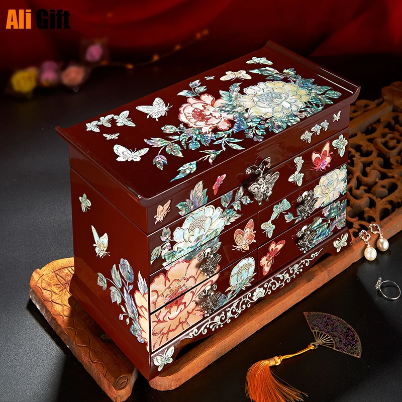 Mother-of-pearllacquer Jewelry Wooden Lutin Lacquer Wedding Gift Chinese Retro Large-capacity Storage Organizer Wood Box Case