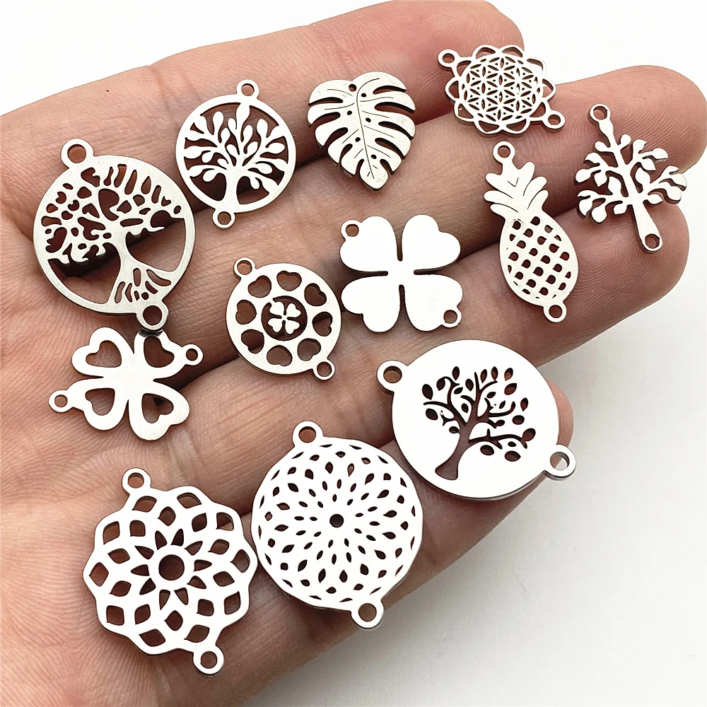 10pcs Mixed 12Types Fashion Tree Flower Charms Connectors Plants Bracelet Clover 100% Stainless Steel Pendant Diy Jewelry Making