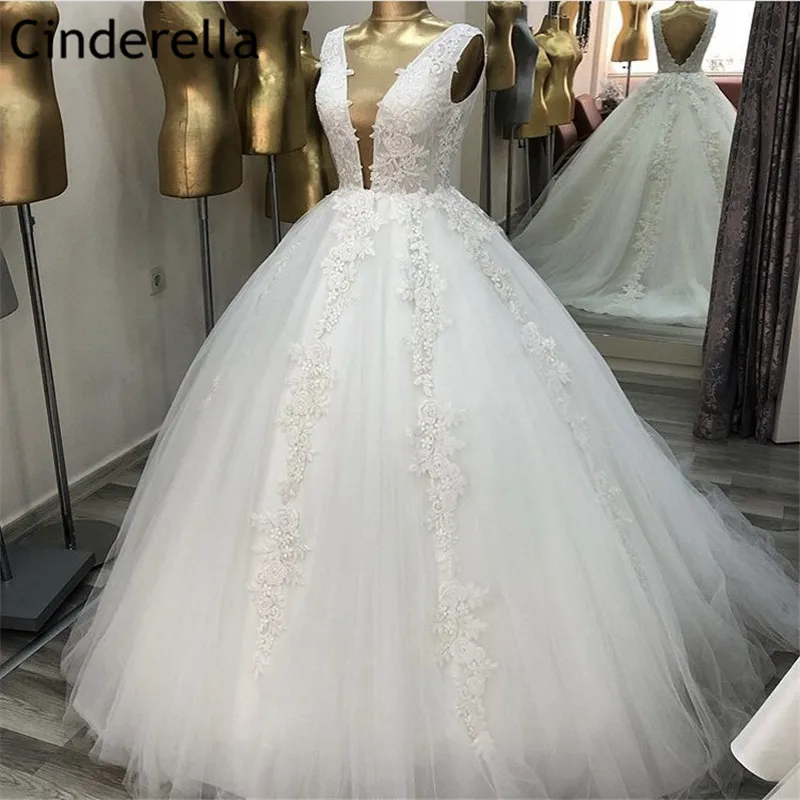 Vestido de noiva sem mangas com aplique nas costas, vestido de baile de princesa com apliques florais