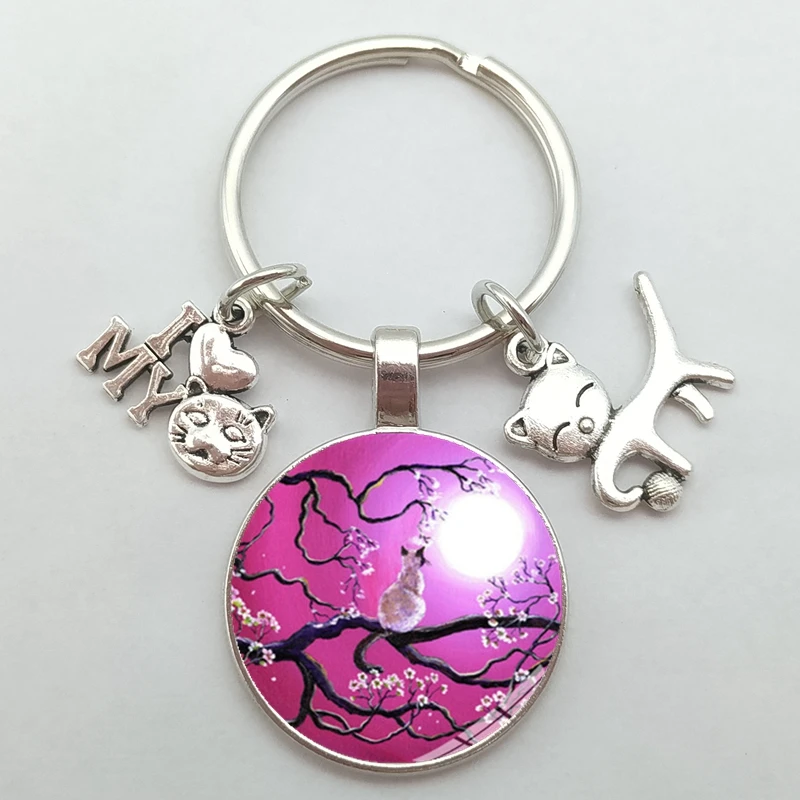 Cute Anime Cat Under Night Sky Keychain with Cat Pendent Fashion Animal Women Purse Bag Car Pendant Key Chain Ring Holder image 5