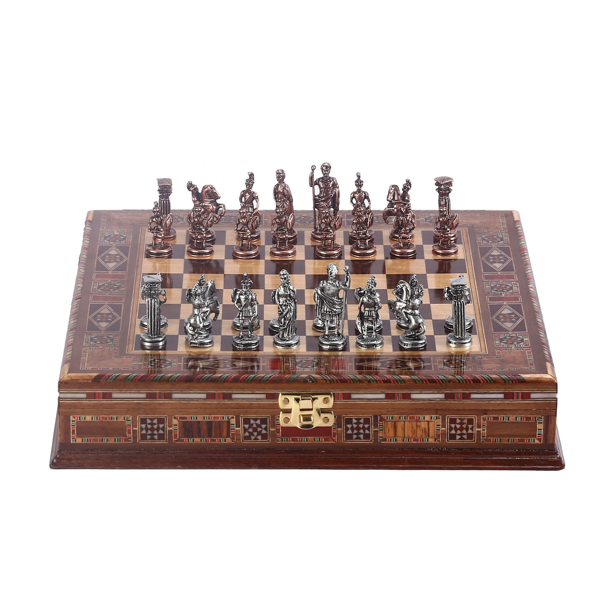 

Antique Copper Rome Figures Metal Chess Set, Handmade Pieces, Natural Solid Wooden Chessboard, Storage, small Size King 4.8cm