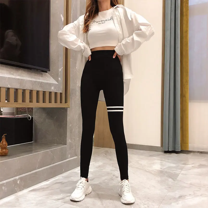 2021 Spring New Women's Casual Modal Leggings Korean Two Bar Printing Lady Ankle-length Pants Stretch Capris Mujer Outwear