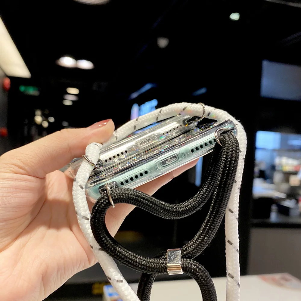 بلينغ بريق حزام الحبل سلسلة جراب هاتف آيفون 13 12 Mini 11 Pro XS Max XR X 6 7 8 Plus 5 S SE 2020 قلادة غطاء الحبل