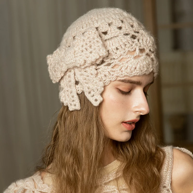 X039 Adult Knitting Hats Hand-Made White Knitted Hat Female All-match Woolen Cap Sweet and Lovely Bow Bud Hat Adjust Size