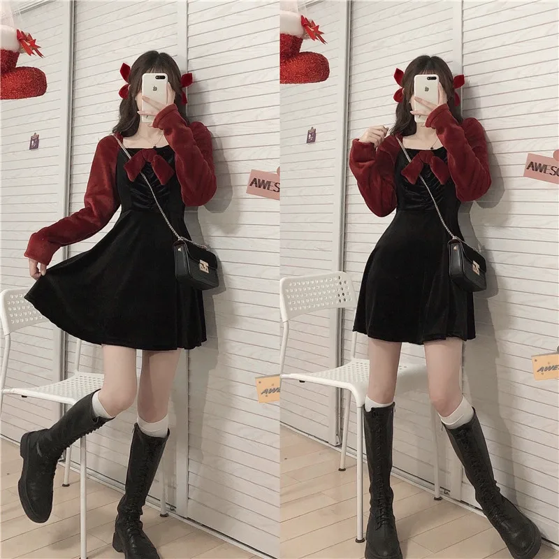 Vestido tipo vison para mulheres, vestido vermelho e contraste de cor japonês vintage para outono e inverno., vestido de lolita midi fofo e emagrecedor