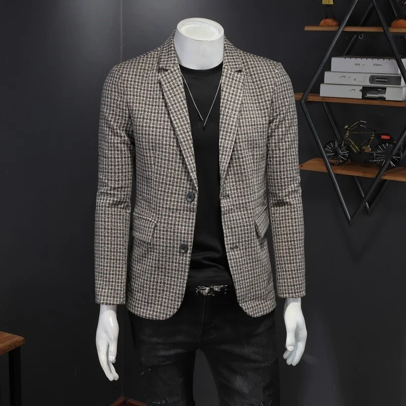 Style British Mens New Plaid Spliced Large Size Slim Casual Suit Jackets Notched Single Breasted Pockets Thin Korean Style Coat