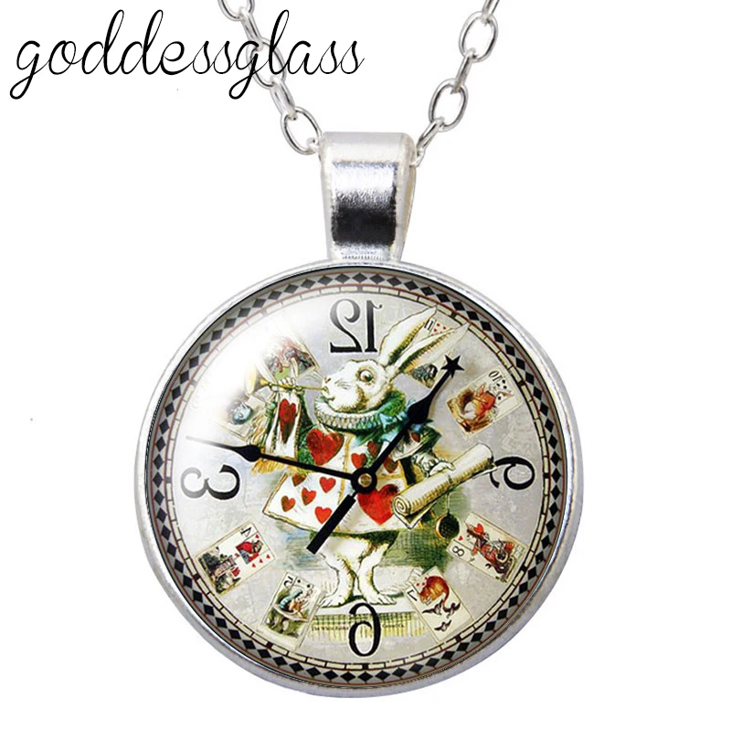 Cartoon Princess Alice Cheshire cat Rabbit clock Round Glass glass cabochon silver plated/Crystal pendant necklace jewelry Gift view 5