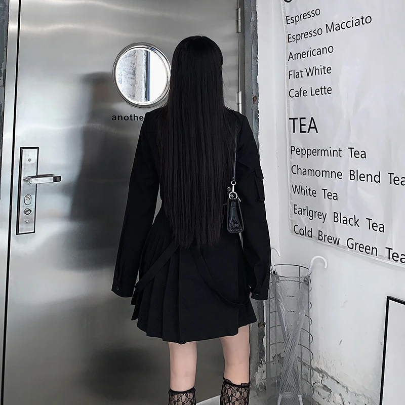 Women Black Skirt Suits Gothic Style Sets Female Long Sleeve Tops and Pleated Skirt Two Piece Set Spring Autumn 2024 Streetwear