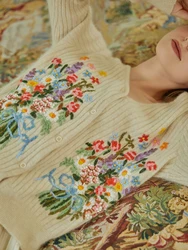 LYNETTE'S CHINOISERIE Spring Autumn Women Fairy Vintage Delicate Flower Embroidery Mori Girl Knitted Woolen Sweaters Cardigans