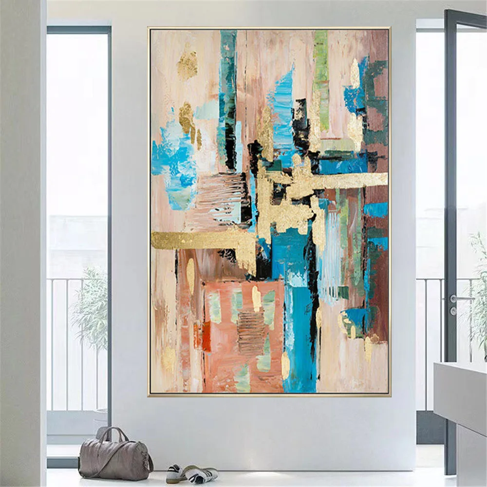 Hand-painted abstract oil painting pink blue texture gold foil canvas painting wall painting modern home decor hanging painting