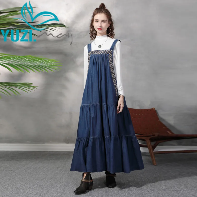 Dress For Women 2021 Yuzi.may Boho New Denim Dresses Vintage Embroidery Ruffles Hem A-Line Suspender Vestidos A82365 Vestido