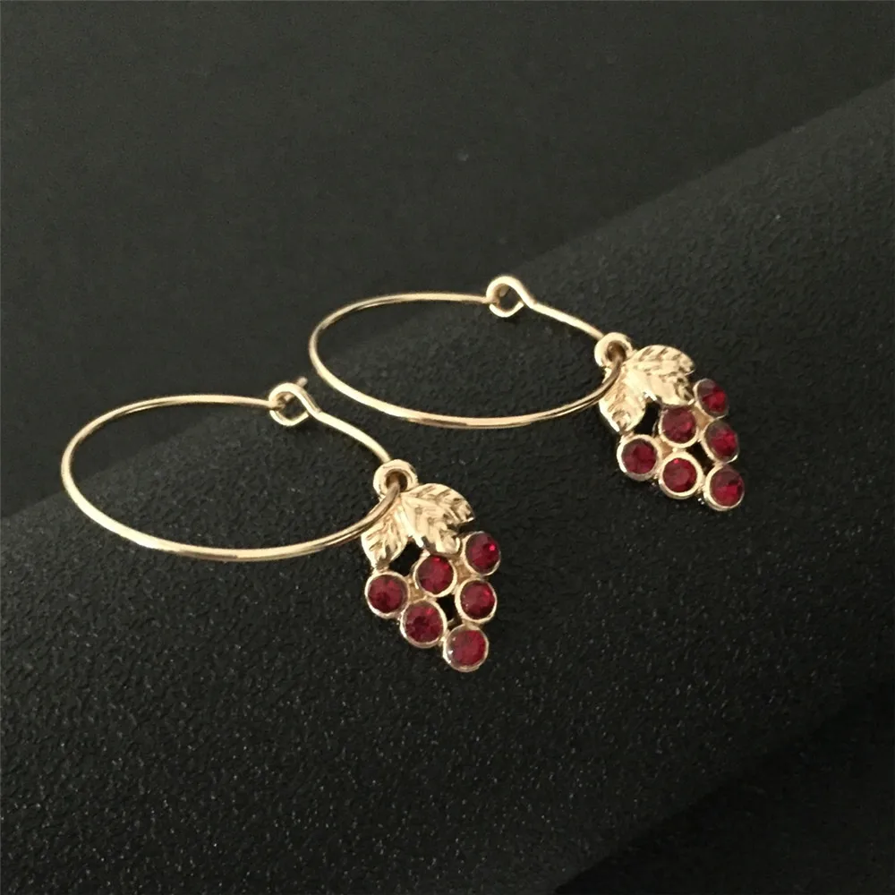 Cute Earrings Gold Color Hoop with Red Grape Shape Pendant Earrings for Girl Friend Best Gift