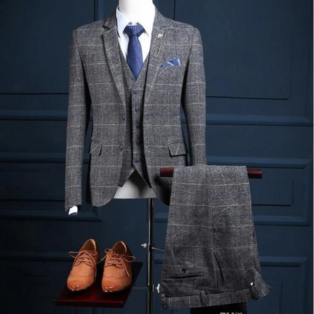 Smokingi ślubne męskie 3 kawałki garnitury 2 guziki sprawdź Tweed Fleck Tweed wełna dostosowane drużba smokingi (kurtka + spodnie + kamizelka)