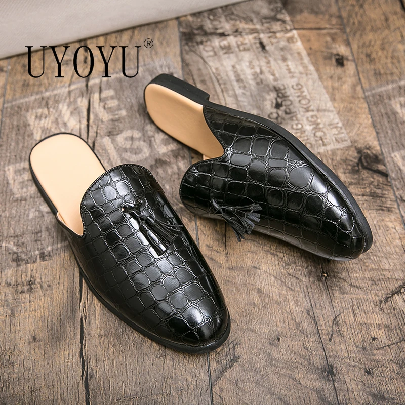 Mules Black Patent Leather crocodile Men Half Shoes For Man Fashion Designer Shoes Men‘s Luxury Zapatillas Hombre Casual Slip On