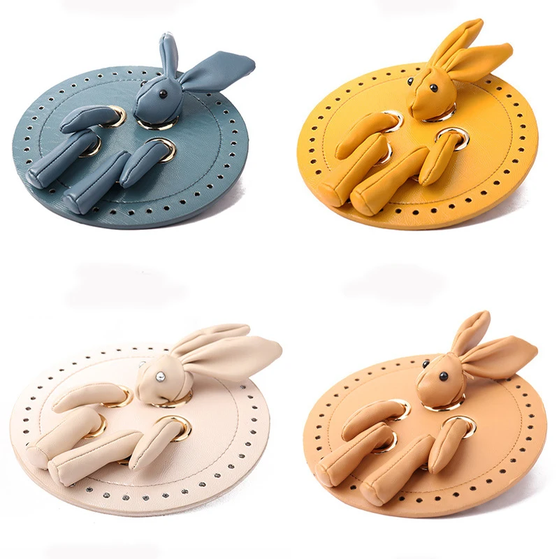 2PCS New Leather Rabbit Crochet Bag Cover Bottom Hand Woven Bag Accessories Fashion DIY Round Plate Cussion With Rope Hole