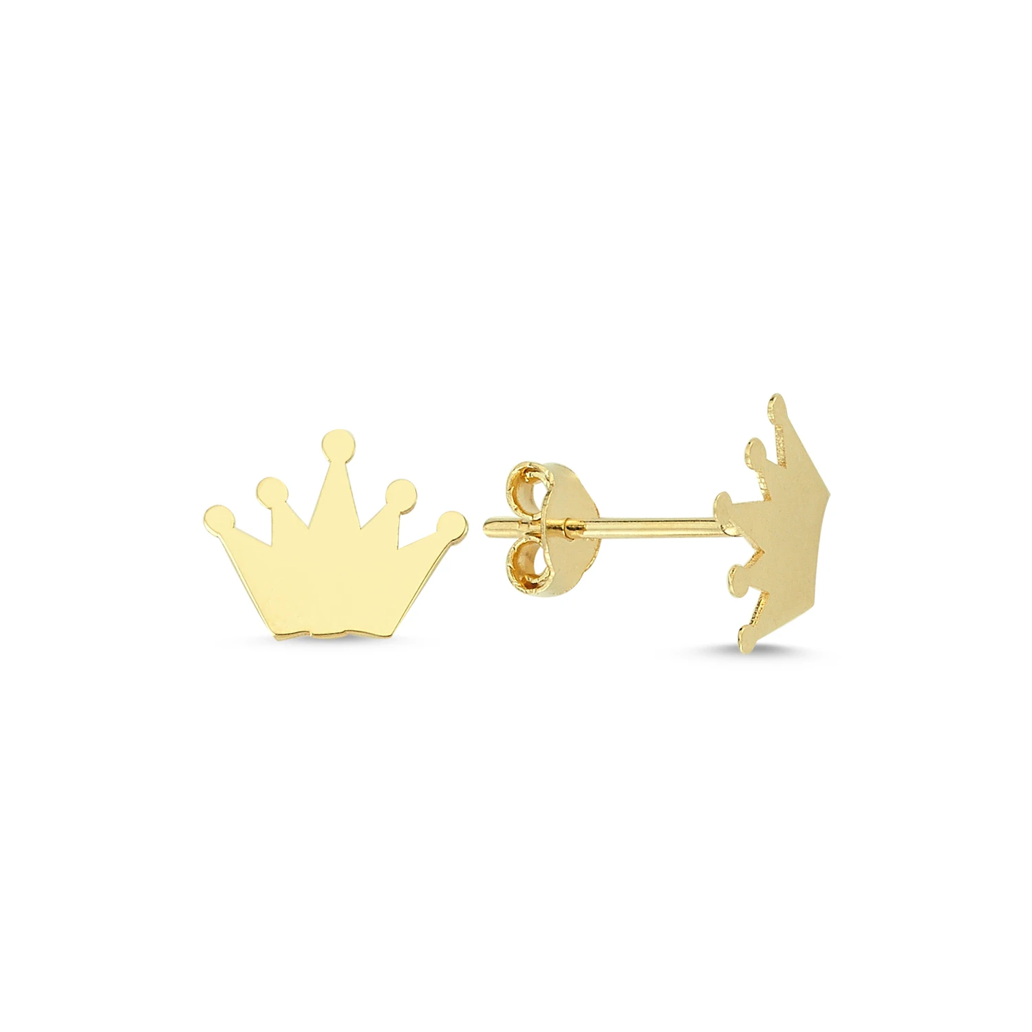 14K Pure Gold Plain Mini Crown Stud Earrings