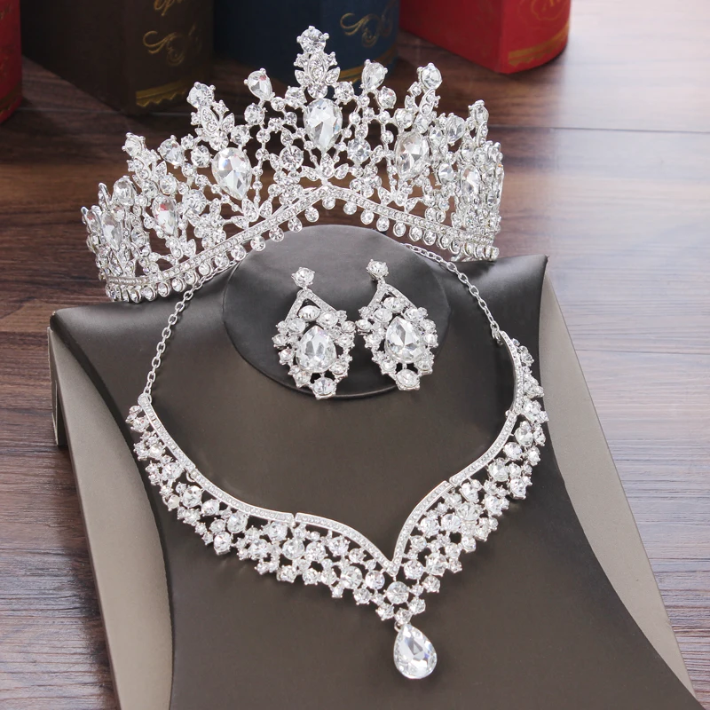 KMVEXO Baroque Crystal Water Drop Bridal Jewelry Sets Rhinestone Tiaras Crown Necklace Earrings Bride Wedding Dubai Jewelry Set