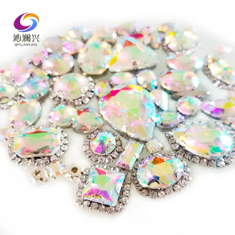 Mix Shape 50Pcs AB Color Crystal Buckle Glass Rhinestones, Silver Base, Sewing Accessories, Used for Needlework