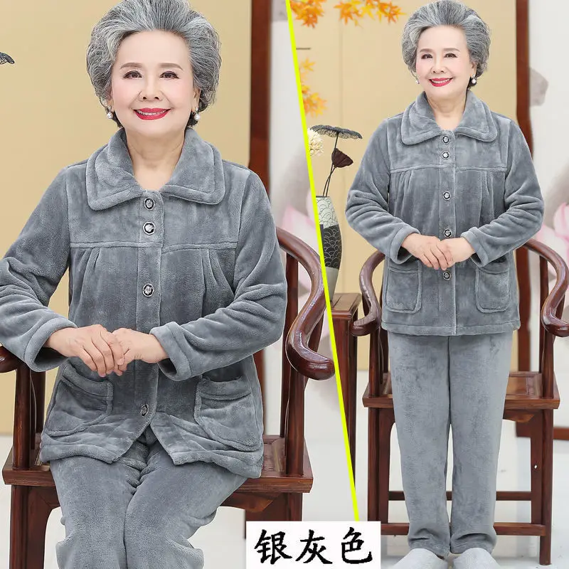 Elderly grandma pajamas flannel loose 2024 autumn winter warm long-sleeve trousers home service suit Solid casual two-piece suit