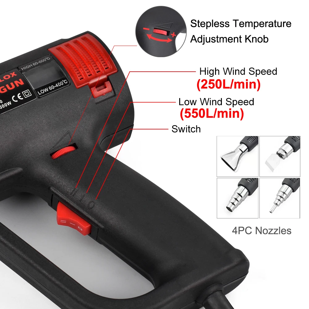 1500W Hot Air Gun EU 220V 50-550℃ Variable Temperature Heat Gun with 4PC Nozzles for Removing Paint Shrinking PVC Power Tool