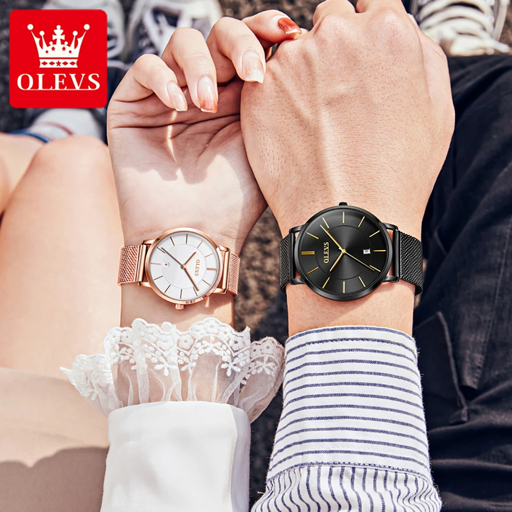 Olevs coppia orologi semplici orologi da polso al quarzo ultrasottili per gli amanti orologio data Display cinturino a maglie orologio relogio masculino