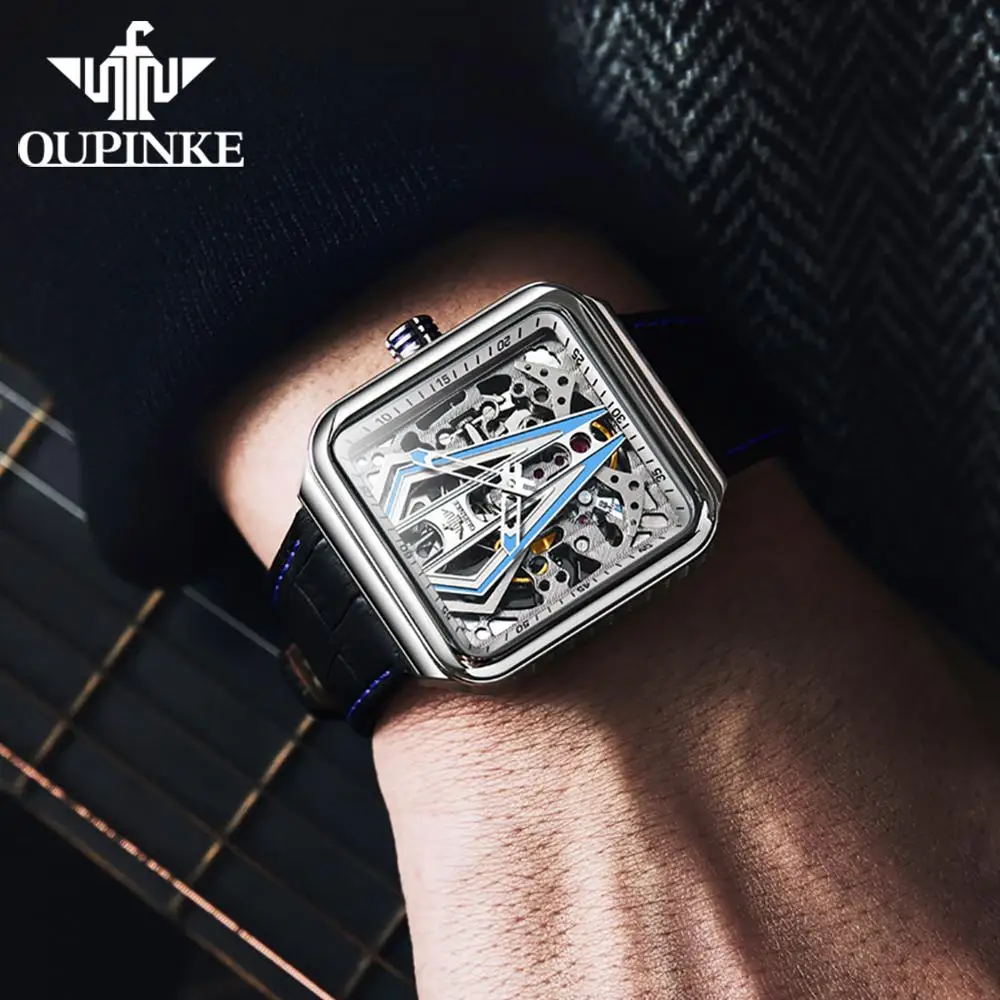 OUPINKE Automatic Watch Men Skeleton Mechanical Watch  Steampunk Sapphire Crystal Square Leather Transparent sports Wristwatch