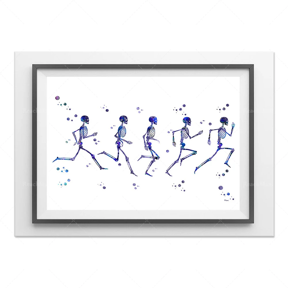 Skeleton Running Phases Watercolor Print Skeletal System Poster Clinic Physical Therapist Runner Sport Human Bones Anatomy Medic view 3