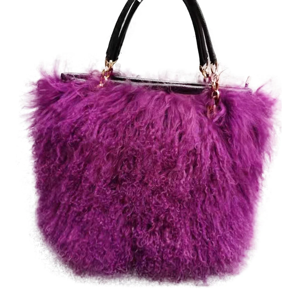 Long hair sheep fur bag real mongolian lamb fur shoulder bag for women