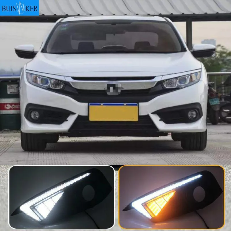 

2Pcs LED DRL Daytime Running Lights with Fog Lamp hole For Honda Civic 10th 2016 2017 2018 Turning Signal yellow