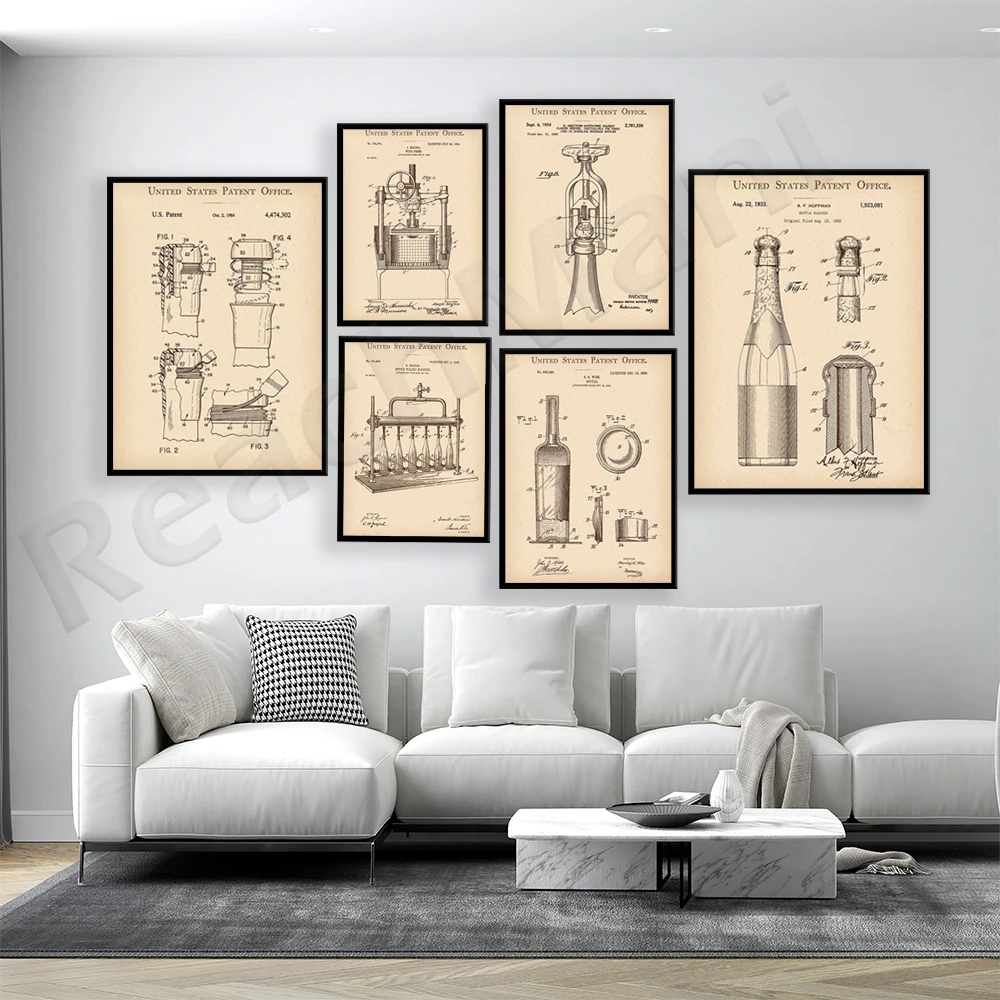 Brevet Imprime Vintage Wine Bottle Blueprint Wine Press Dessin Corkscrew Brevet decoration bar kitchen wall art poster
