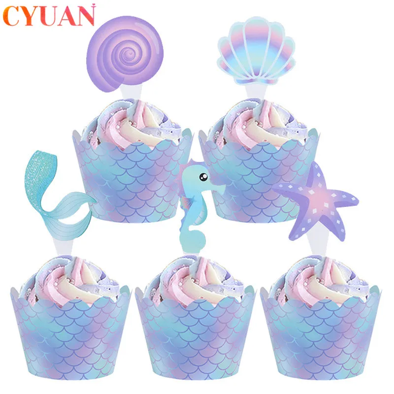 Mermaid Theme Cake Topper Kids Birthday Cupcake Topper Wrappers Birthday Cake Decor Baby Shower Under the Sea Party Supplies