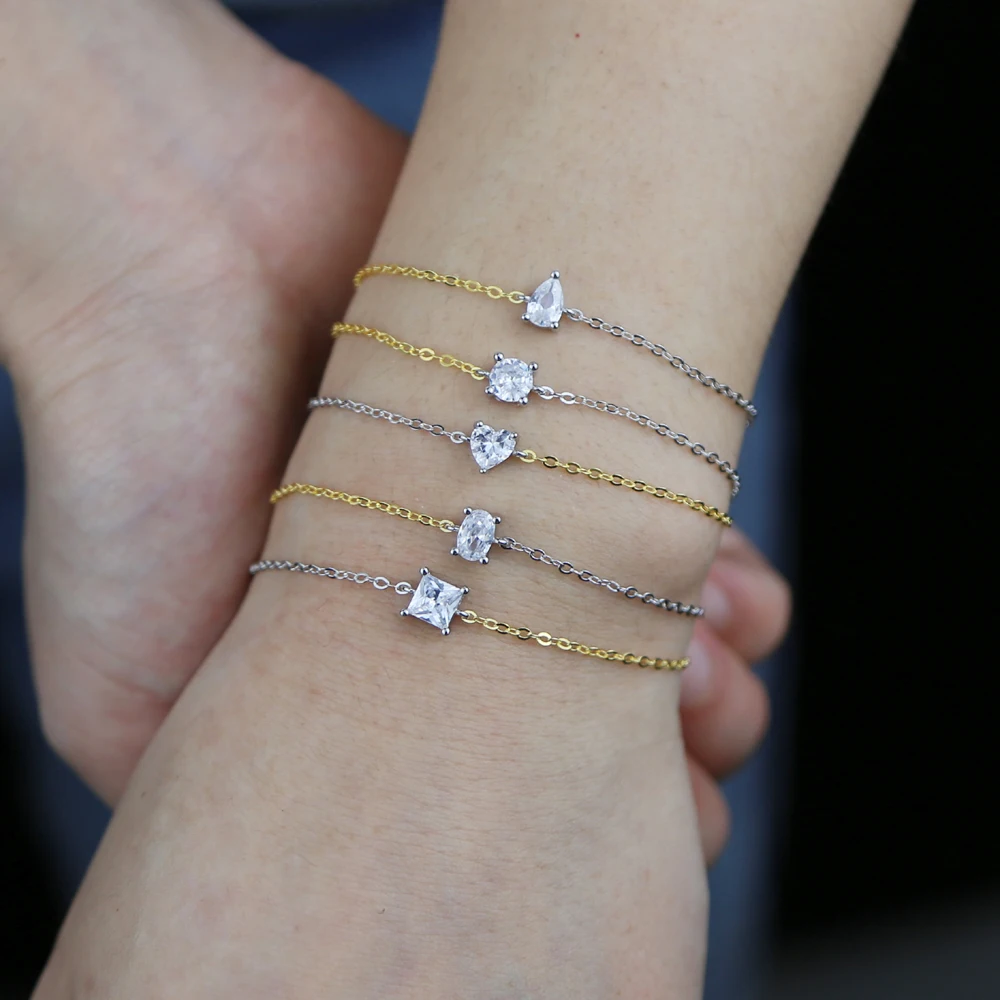 اثنين من لهجة الذهب والفضة سلسلة حساسة واحدة هندسية مكعب زركونيا أثار بلينغ 925 فضة الحد الأدنى سوار