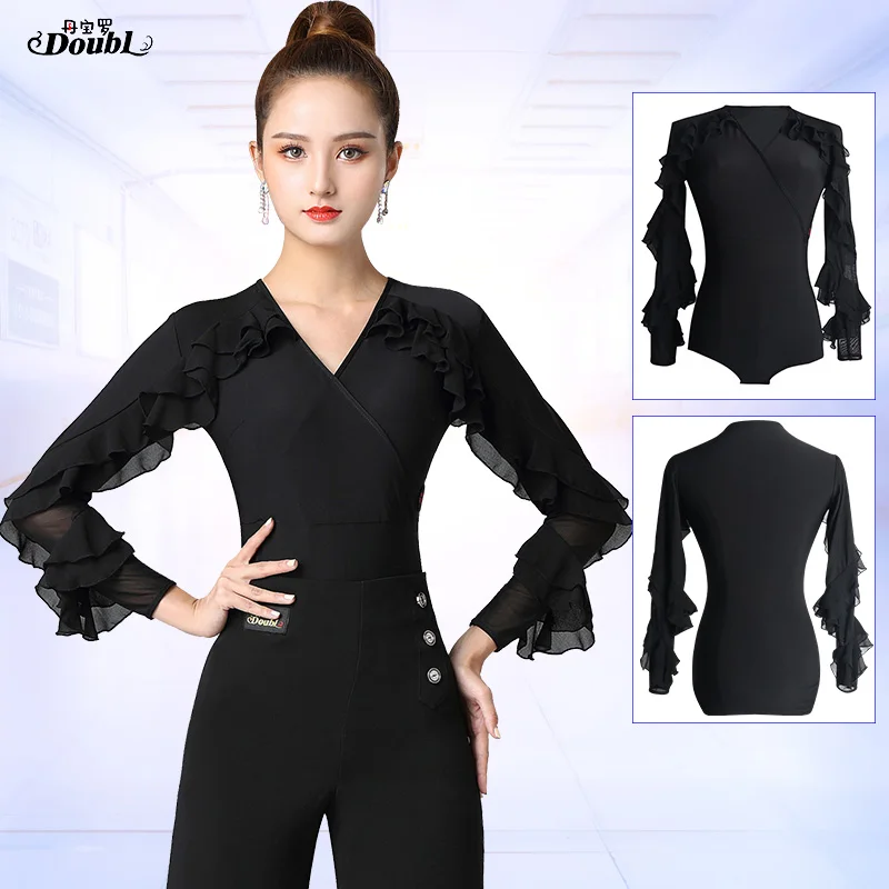 

dance top new black modern dance practice clothes V-neck female national standard dance Latin dance clothes popular design