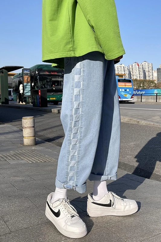 Spring patchwork jeans men's straight, plaid loose and versatile, ruffian and handsome trousers  pantalones de hombre 2021