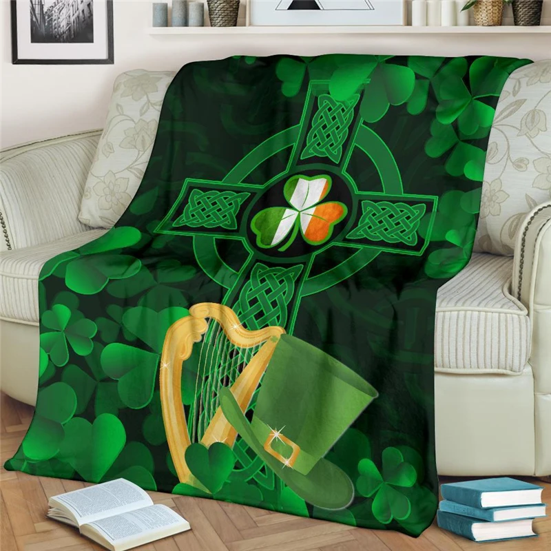 Celtic Cross St Patricks Day Symbol Flannel Blanket 3D Print Throw Blanket for Adult Home Decor Bedspread Sofa Bedding Quilts