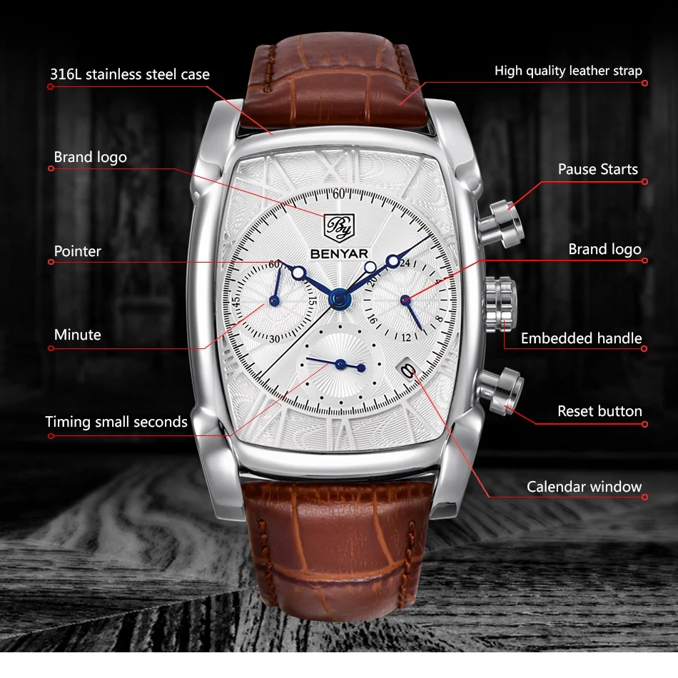 BENYAR New Fashion Mens WristWatches Top Brand Luxury Big Dial Military Quartz Clock Leather Waterproof Sport Chronograph Male