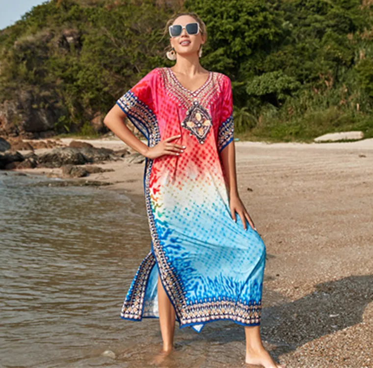 Red Blue Print Long Beach Dress Bikini Cover Ups for Women Pareo De Plage Swimsuit Cover Up Beach Sarongs Swimwear Kaftan