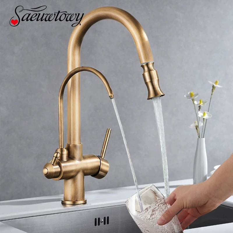 Filtered Pure Water Kitchen Faucet Deck Mount Antique Brass Faucet 360 Rotate Drinking Water Taps Hot/Cold Water Mixer Tap Crane