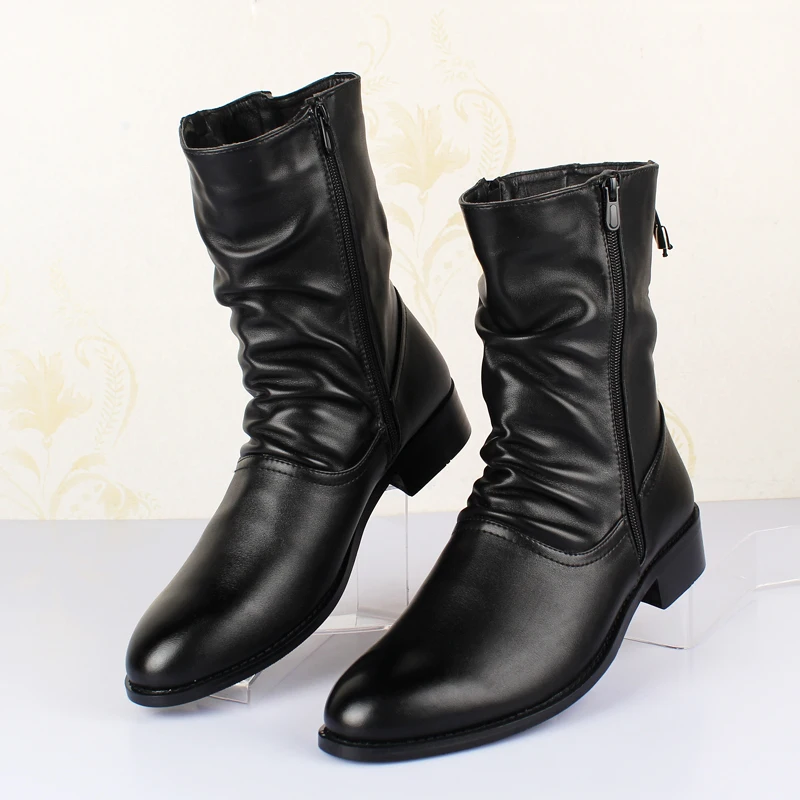 Winter Pointed Toe Mens Mid-calf Boots Increased To Leather Men\'s Boots Long Tube Mens Winter Boots