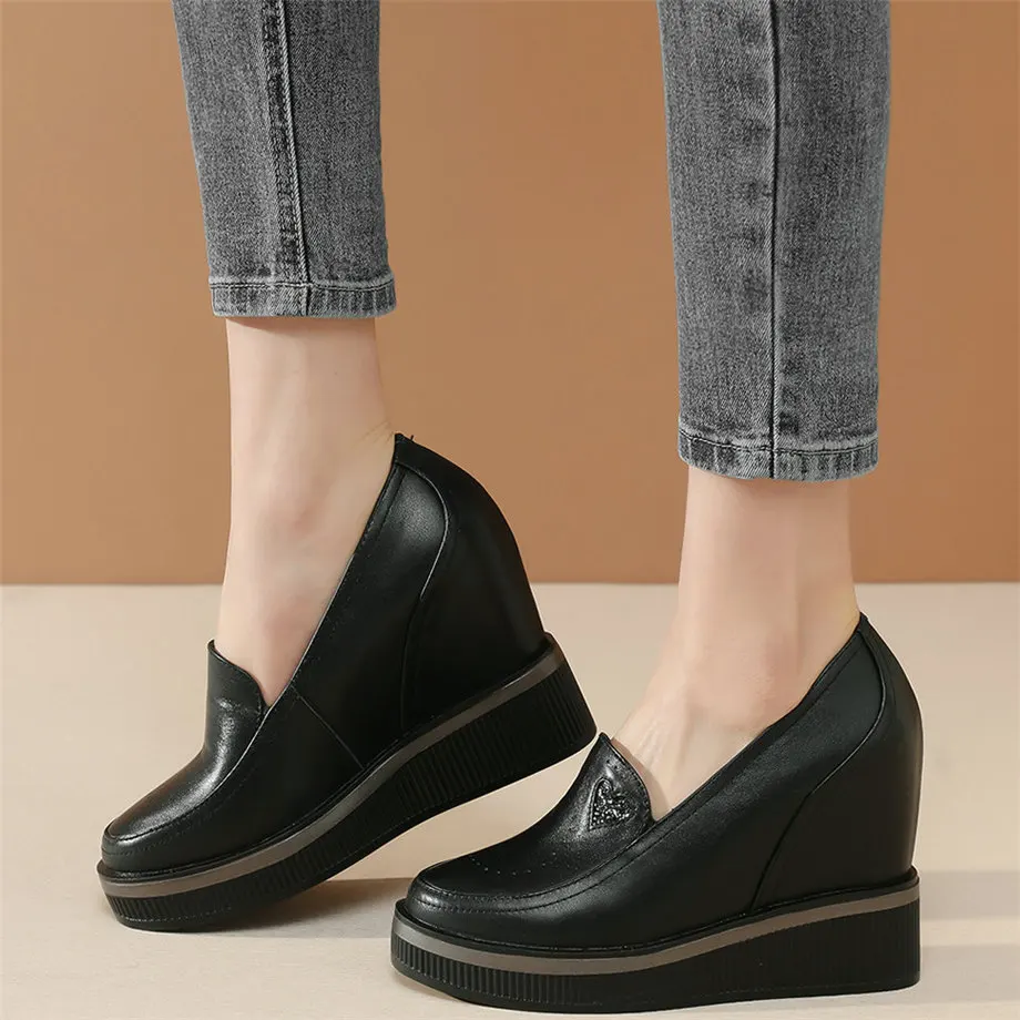 

Fashion Sneakers Women Slip On Genuine Leather Wedges High Heel Ankle Boots Female Round Toe Platform Oxfords Shoes Casual Shoes