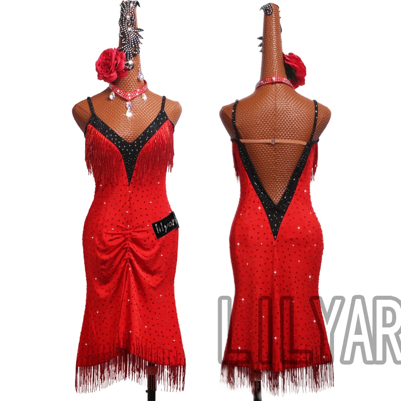 

Latin Dance Dress Latin Skirt Competition Dress Costumes Performing Dress Practice Skirt Customize Adult Kids Lady Red Tassel 12